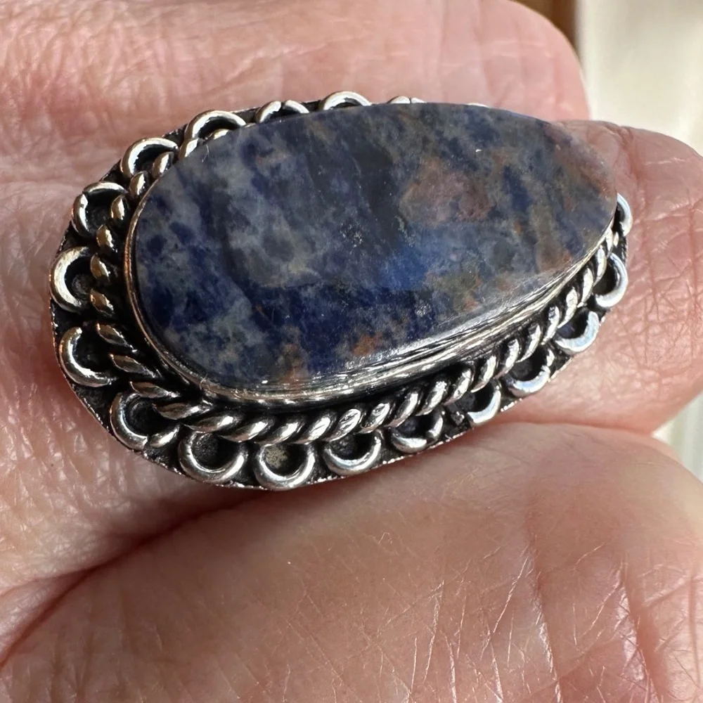 Blue Sodalite Teardrop Shape Stone Silver Plated Brass Adjustable Ring - Picture 8 of 10